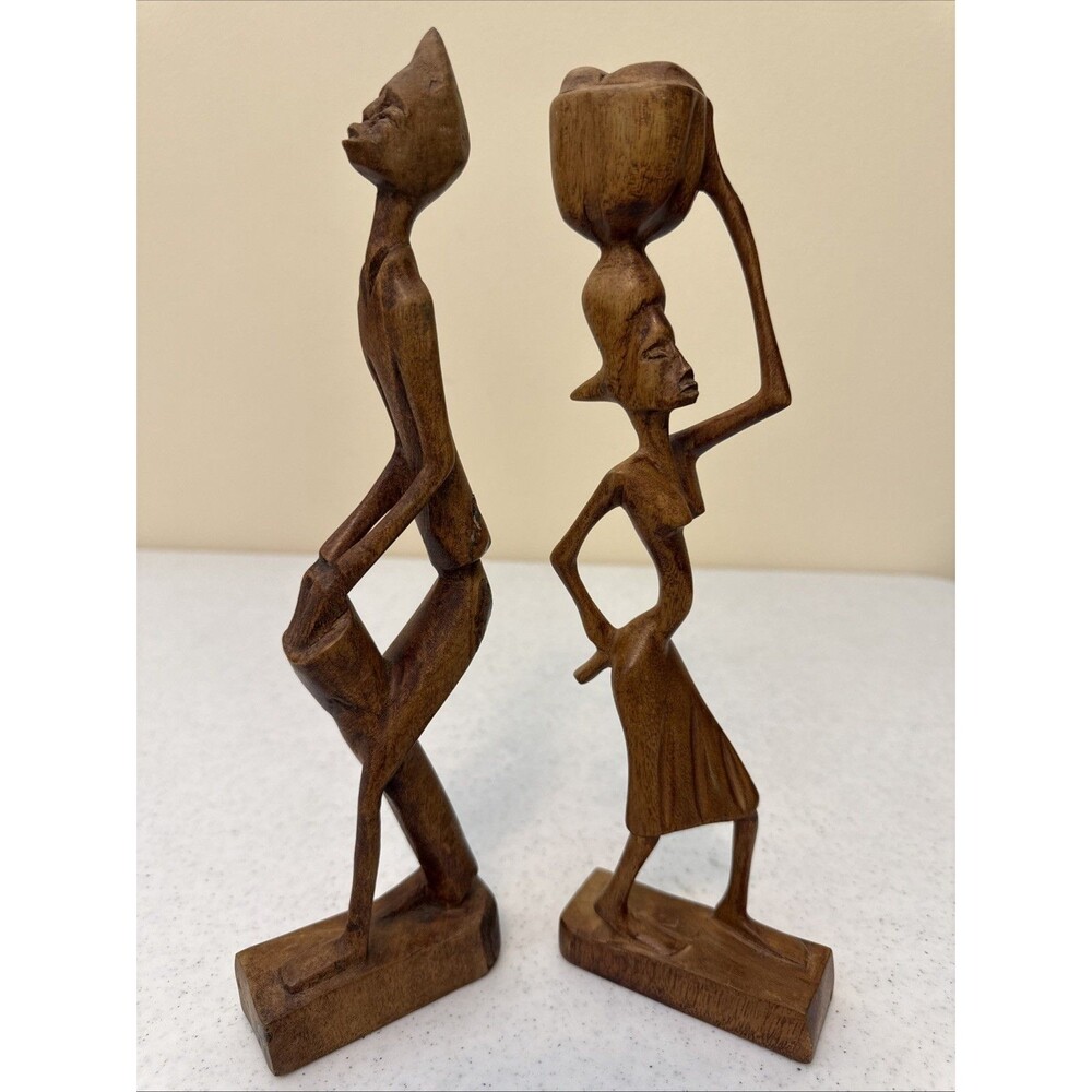 African Wooden Woman And Man Folk Art Tribal Sculptures 12-14"